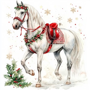 Christmas Horse Clipart Bundle-10 High Quality Watercolor JPGs, Digital Download Printable Graphic Junk Journaling Scrapbooking Paper Craft