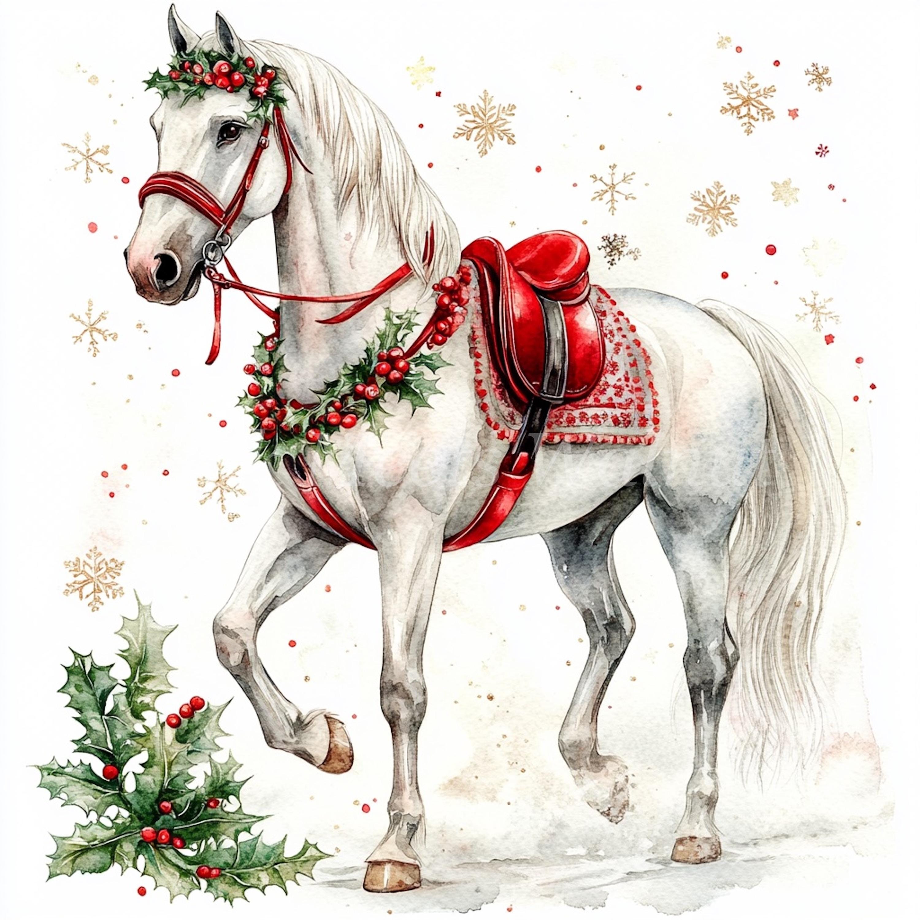 Christmas Horse Clipart Bundle-10 High Quality Watercolor Jpgs, Digital ...