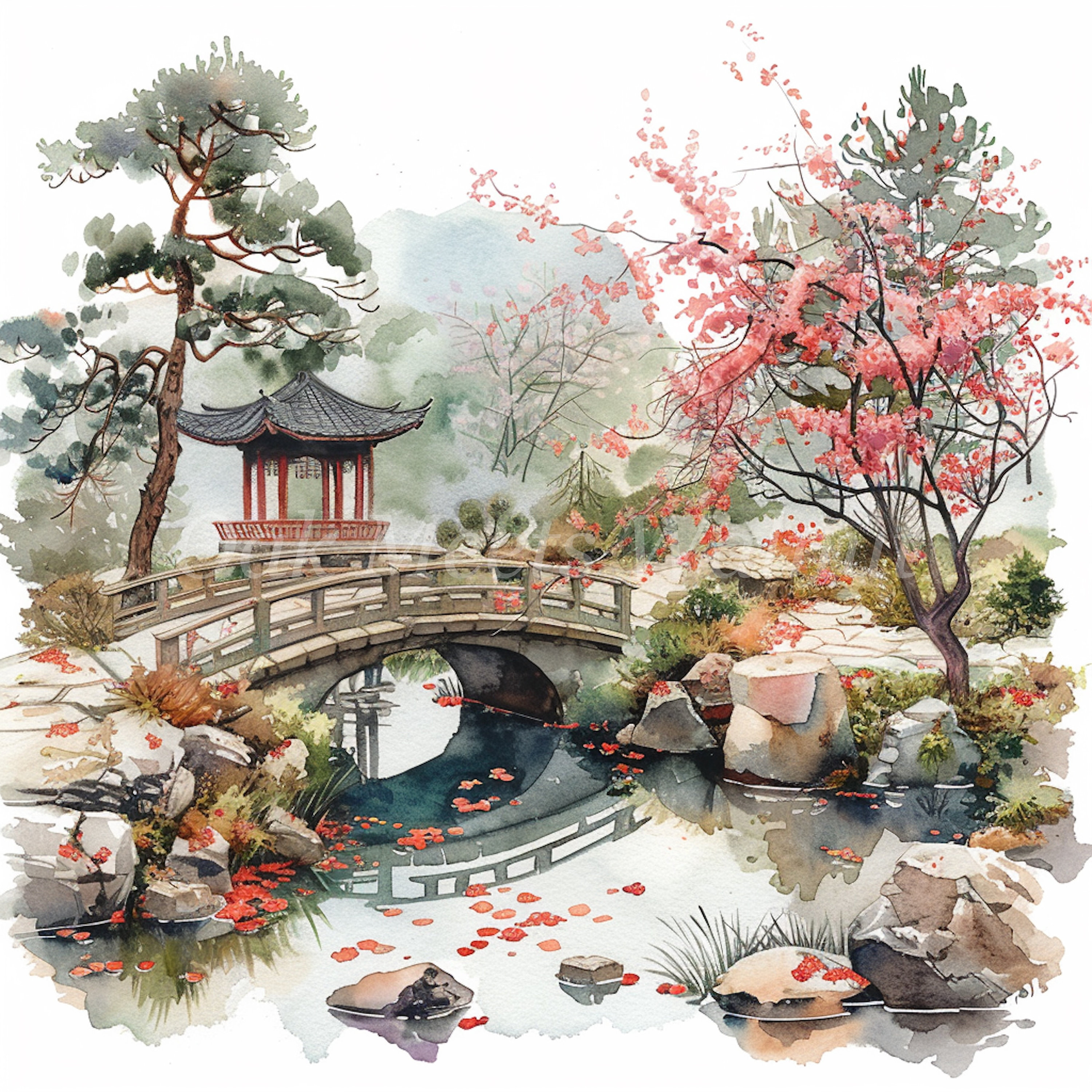 日本庭園の水彩画クリップアート：春の風景イラスト（デジタル