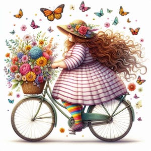 Quirky Curvy Lady on Bike Clipart Bundle-10 JPG ad acquerello di alta qualità Download digitale Carta artigianale Giornale di ritagli, uso commerciale