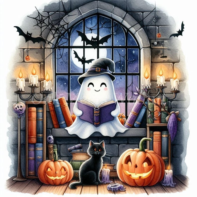 May include: A white ghost wearing a witch's hat sits in a window reading a book. The ghost is surrounded by bookshelves filled with books and candles. A black cat sits on the floor next to a pumpkin.