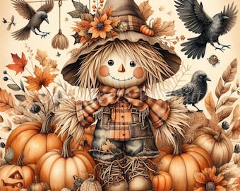 Scarecrow Pumpkin Patch Clipart: Watercolor Fall Graphics (JPG Digital Download)