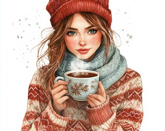 Kerstvrouw aquarel clipart: warme cacao kunst (digitale download)