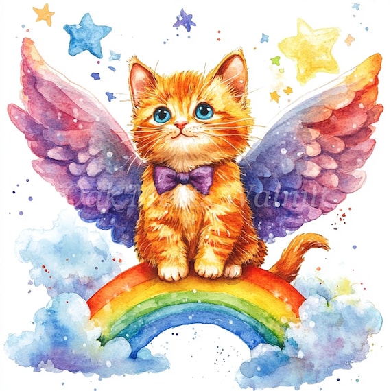 水彩画「翼を持つ猫」のクリップアート：スクラップブック用