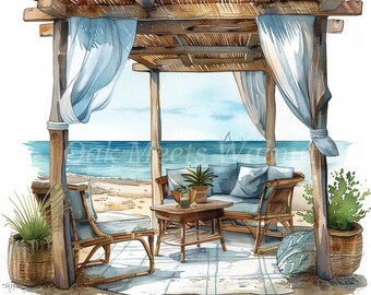 Cozy Beach Clipart Bundle: Watercolor Coastal Cottage JPGs (Digital Download)