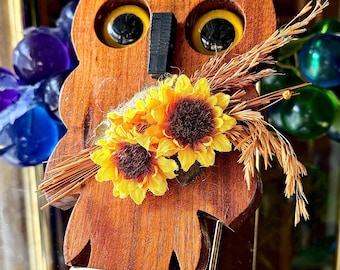 Handmade Wooden Owl Owlet Big Yellow Eyes and Faux Flowers Wall Hanging Decor