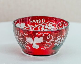 19th Century Czech Ruby Crystal Bowl: Etched Grapevine Motif, Victorian Style