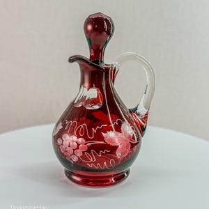 Egermann Czech Bohemian Ruby Red Cut to Clear Cruet Crystal Grapes & Vines