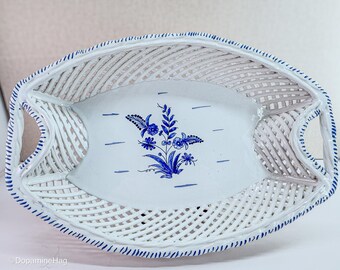Vintage Hand Crafted Portuguese White and Blue Reticulated Lattice Ceramic Dish Tray