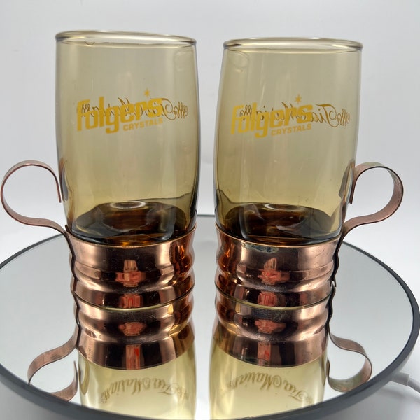 Vintage Folgers Coffee Crystal "Tia Maria" Copper Handled Coffee Drink Glasses - Set of 2