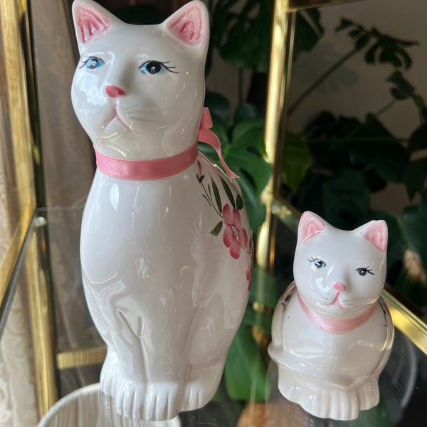 Set of 2 - R.O.C. Artistic Gifts Vintage White Cats with Hand Painted Flowers