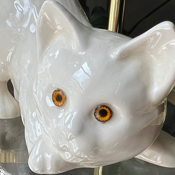 White Ceramic Cat with Orange Eyes Figurine
