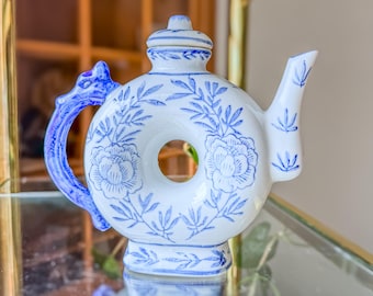 Vintage Chinese Porcelain Blue & White Chinoiserie Lidded Teapot Donut Shaped Dragon Handle