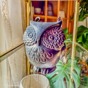 May include: A dark gray owl-shaped decorative object with intricate detailing. The owl has large, round eyes and a textured surface. It is suspended by a metal loop and sits inside a glass display case. The owl is a decorative item.