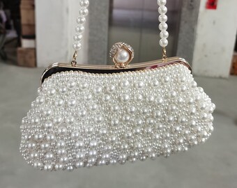 Pearl Beaded Bag, Pearl Clutch Bag, Wedding Pearl Bag, Luxury Pearl Bag, Pearl Evening Bag, Vintage Bead Bag, White Pearl Bag, Bead Bag