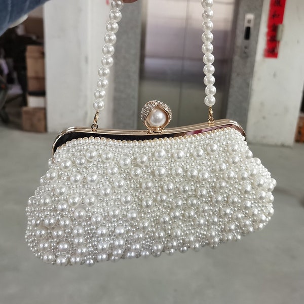 Pearl Beaded Bag, Pearl Clutch Bag, Wedding Pearl Bag, Luxury Pearl Bag, Pearl Evening Bag, Vintage Bead Bag, White Pearl Bag, Bead Bag