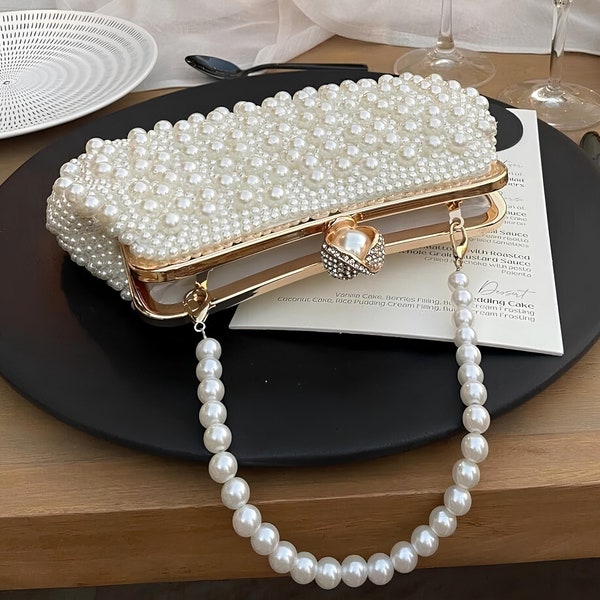 Pearl Beaded Bag, Pearl Clutch Bag, Wedding Pearl Bag, Luxury Pearl Bag, Pearl Evening Bag, Vintage Bead Bag, White Pearl Bag, Bead Bag