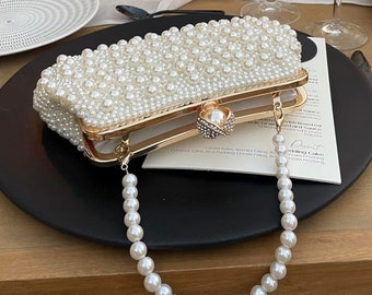 Pearl Beaded Bag, Pearl Clutch Bag, Wedding Pearl Bag, Luxury Pearl Bag, Pearl Evening Bag, Vintage Bead Bag, White Pearl Bag, Bead Bag