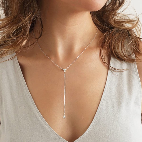 Handmade Sterling Silver Lariat Necklace, Simulated Diamond Dainty Drop Y Chain Necklace for Women