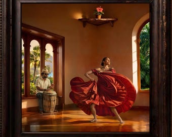 May include: A framed painting depicts a woman in a flowing red dress dancing in a room with a man playing a drum. The room has large windows with a view of palm trees and a small shelf with a potted flower.