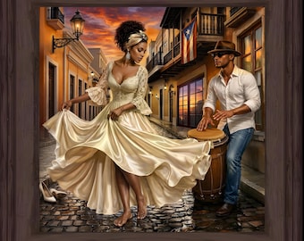May include: A painting of a couple dancing in a cobblestone street. The woman wears a flowing cream-colored dress and the man plays a drum. The background features buildings, streetlights, and a sunset.