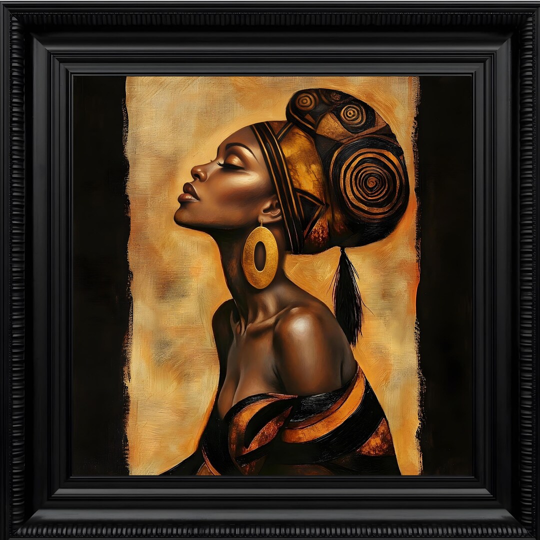 Black Woman Wall Art – Elegant Afrocentric Portrait With Gold Headwrap ...