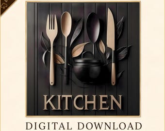 Modern Kitchen Wall Art – Minimalist Culinary Utensils Decor, Black And Neutral Print | Digital Download
