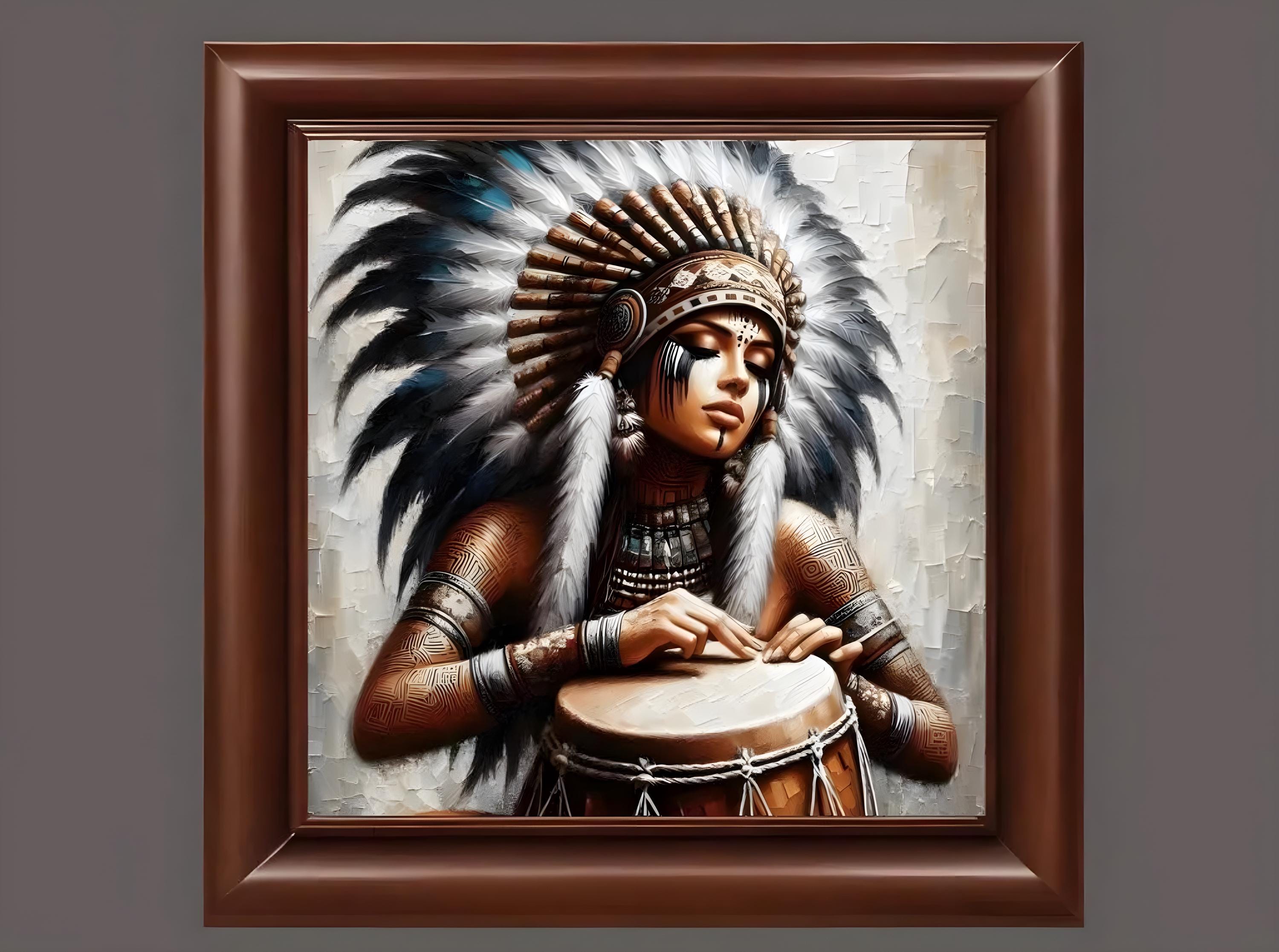 太鼓/タイコ　壁掛けオブジェ　TAOS 作者サイン有り　ネイティブ　インディアン Taino Indian Warrior With Tribal Drum: A Digital Art Tribute[a