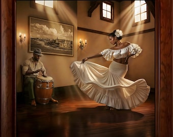 May include: A framed image depicts a dance scene. A woman in a white ruffled dress dances gracefully, while a man plays a drum. The room has warm lighting, a sepia-toned landscape painting, and sconces.