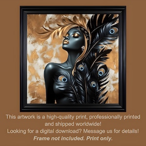 Black Woman Art Print with Peacock Feather, Afrocentric Wall Decor, African American Portrait, Inspirational Feminine Home Decoration Gift