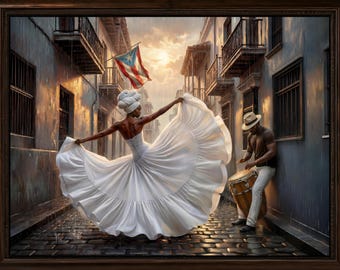 May include: A framed artwork depicts a woman in a white dress dancing in a cobblestone street, with a man playing a drum. A Puerto Rican flag hangs in the background. The scene is set in a rain-swept alleyway, with buildings on either side.