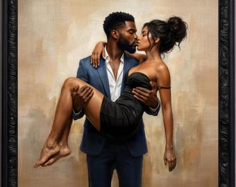 May include: A framed oil painting depicting a person in a navy blue suit jacket and white shirt holding another person wearing a black strapless dress. The figures are positioned against a textured beige background within a black ornate frame.