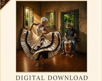 Digital Download - Bomba Dance Scene – Afro Puerto Rican Wall Art, Drum And Dancer