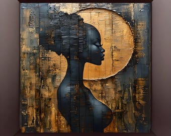 Black Woman Silhouette Wall Decor, Afrocentric Gold Textured Print, Modern African Home Style