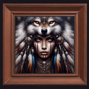 Tribal Art | Taino Indian Warrior Queen & Wolf Print | Unique Native Decor | Puerto Rico Artwork | Wall Art for Home