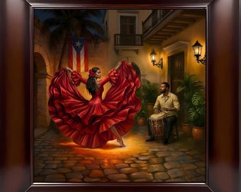 Könnte beinhalten: Ein gerahmtes Kunstwerk zeigt eine Frau in einem leuchtend roten Kleid, die auf einer gepflasterten Straße tanzt. Ein Mann spielt in der Nähe eine Trommel. Die puertoricanische Flagge ist im Hintergrund, mit einem warmen Ambiente, das von den Straßenlaternen erzeugt wird.