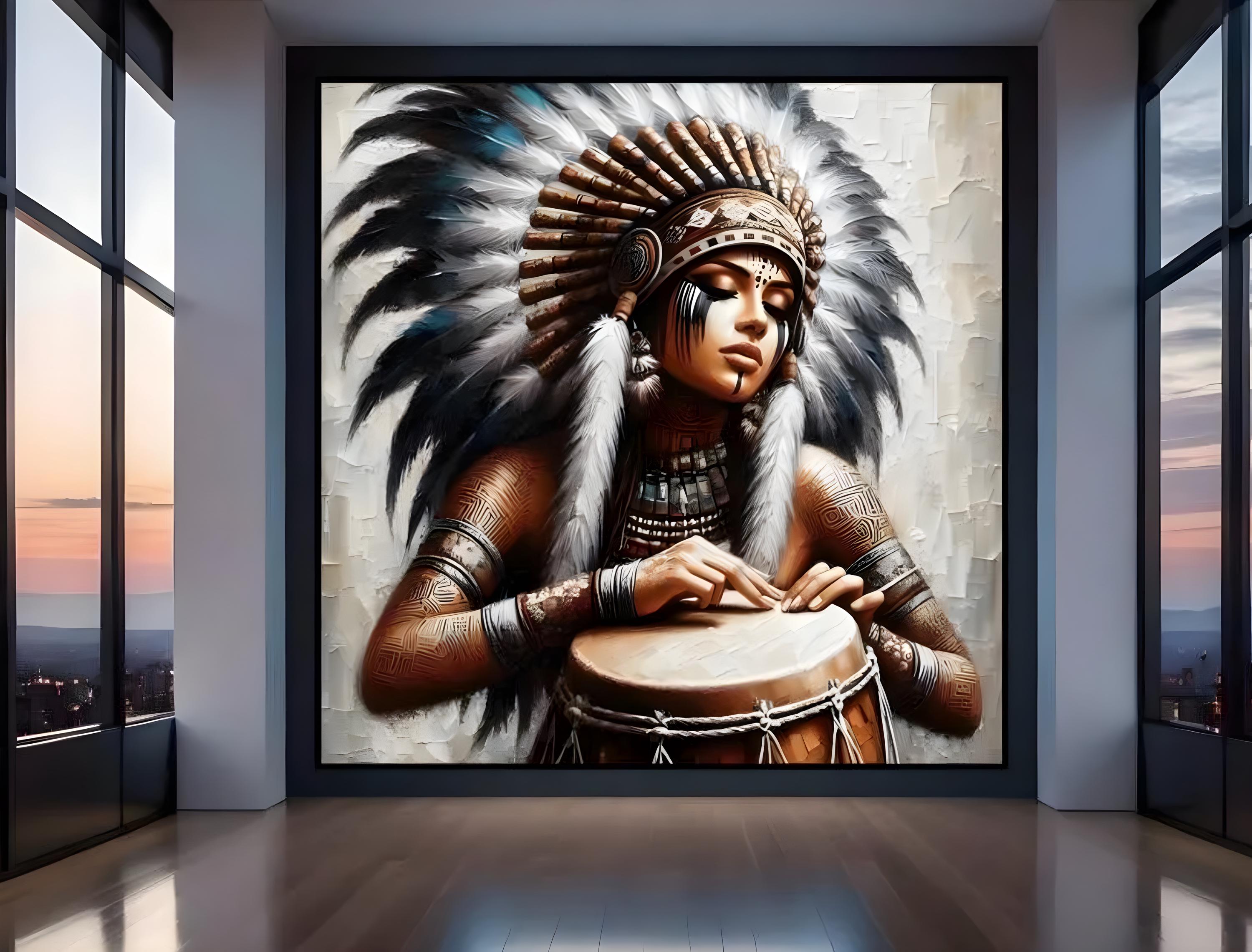 Taino Indian Warrior With Tribal Drum: A Digital Art Tribute[a