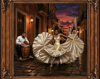 May include: A framed artwork depicts a woman in a flowing cream-colored dress dancing in a cobblestone street. A man plays a drum nearby. The background shows buildings, streetlights, and a sunset.