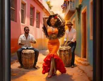 May include: A framed artwork depicts a vibrant street scene with three figures. A woman in an orange outfit dances, while two men play drums. The background features colorful buildings and a Puerto Rican flag, creating a lively, cultural atmosphere.