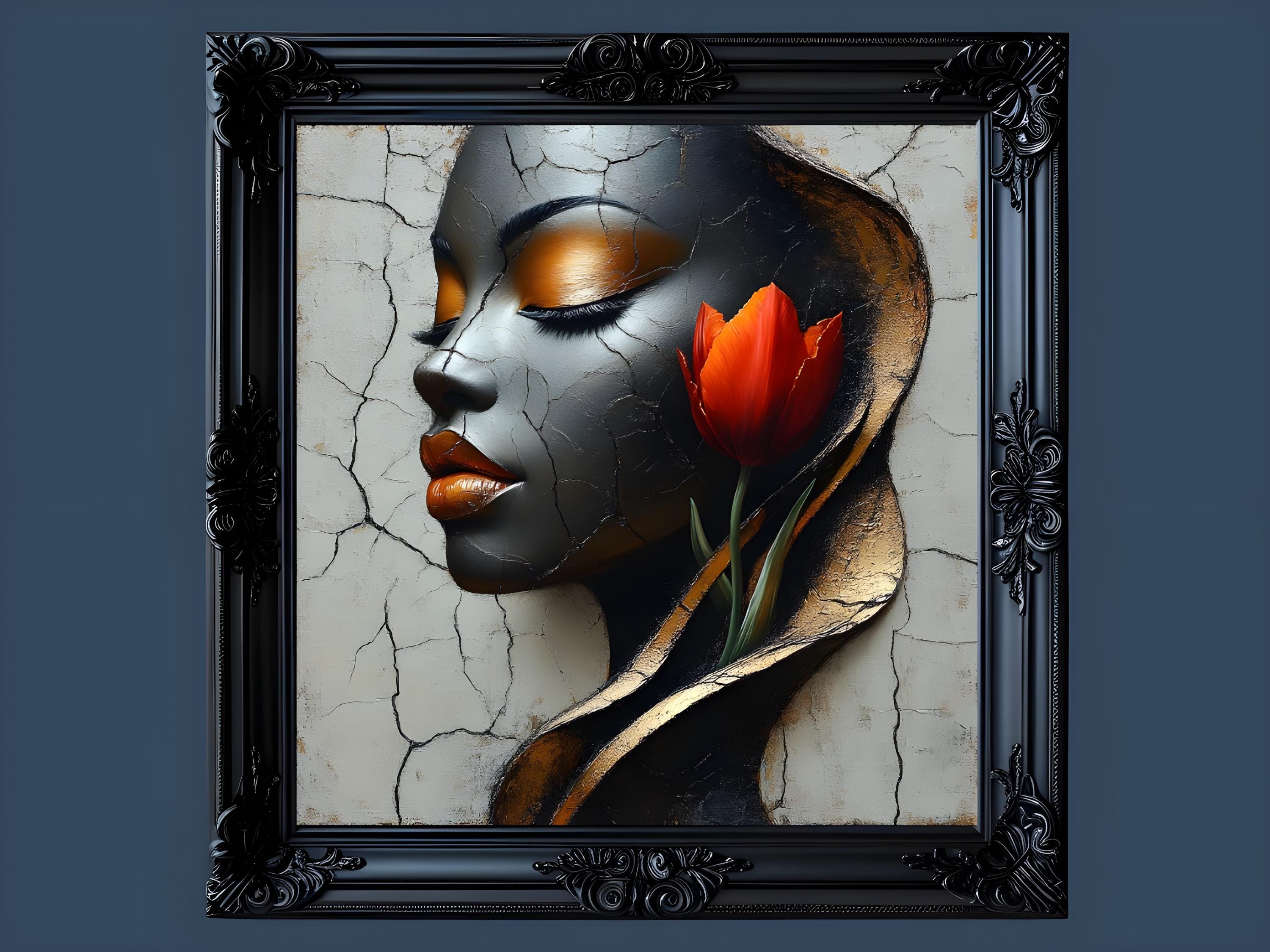 ひび割れた美しさ - 赤いチューリップを持つ黒人女性の肖像 - Etsy 日本, image size:3000x2250