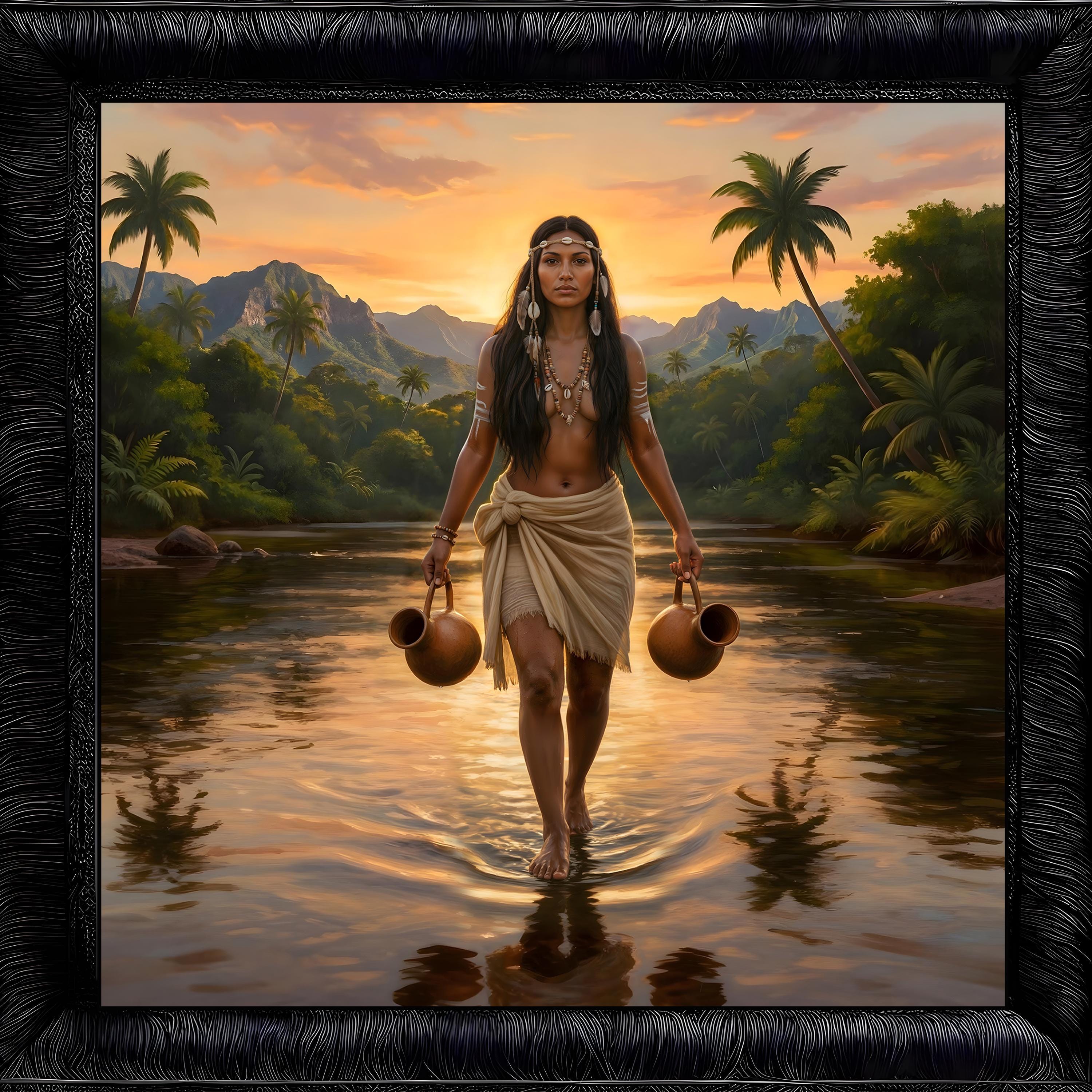 太鼓/タイコ　壁掛けオブジェ　TAOS 作者サイン有り　ネイティブ　インディアン Taíno Woman at Sunrise – Caribbean Indigenous Wall Art, Ancestral