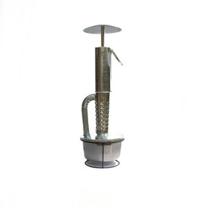 May include: A silver metal smoker with a round base and a tall, cylindrical chimney. The smoker has a small, round lid on top and a handle on the side.