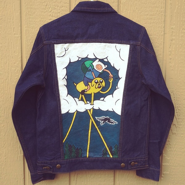 Denim Jacket, Adventure Time Finn and Jake, Hand Painted ART, size XS adult unisex, new, American Apparel, Ready to Ship Today!
