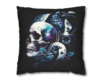 Skull Cushion Cover, Square Pillowcase, Black Cat Cushion Cover, Raven Pillowcase, Gothic Cushion Cover, Moon Pillowcase, Black Cat & Moon