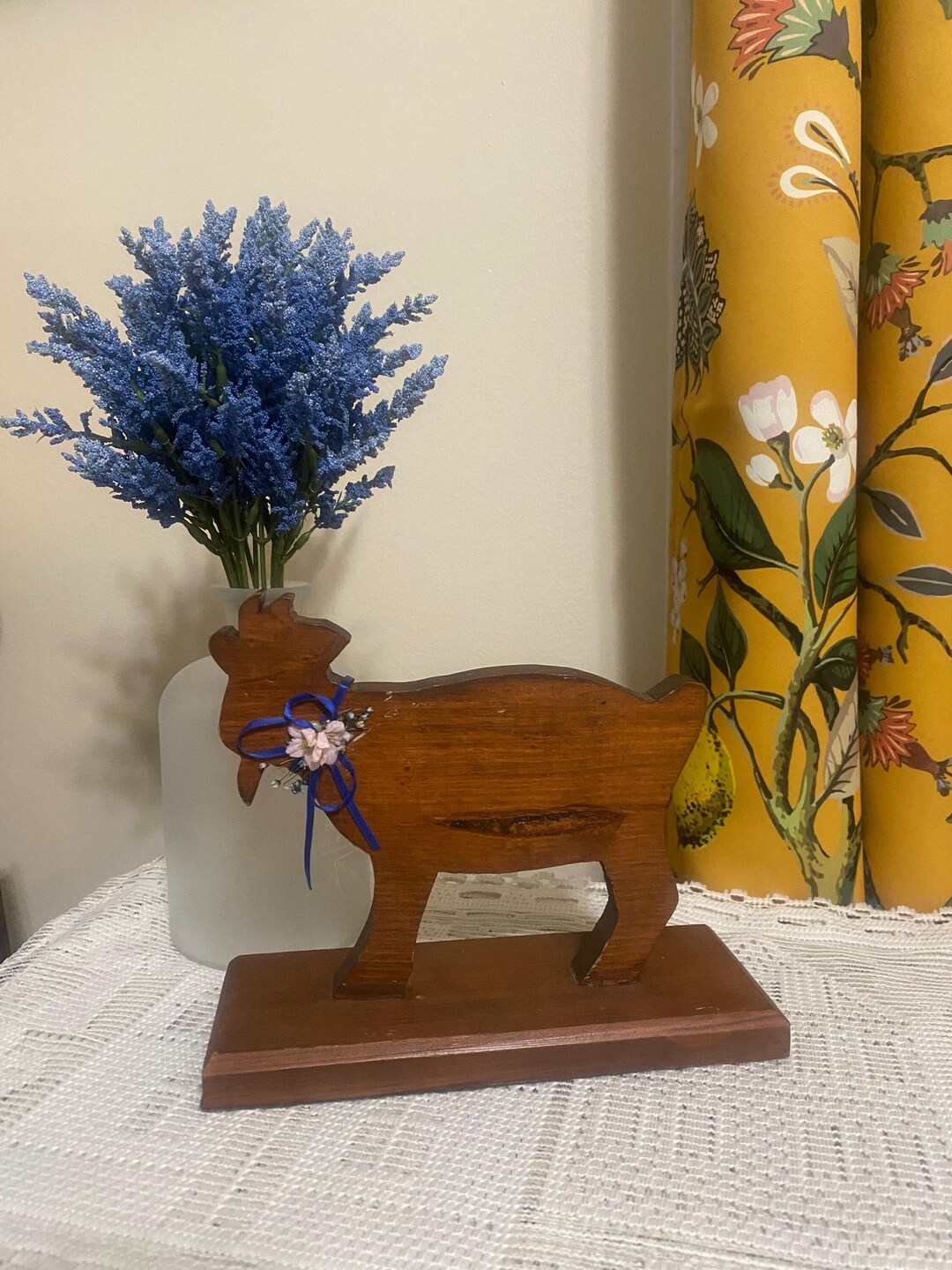 Vintage Wooden Carved Goat Figure With Blue Ribbon and Florals - Etsy
