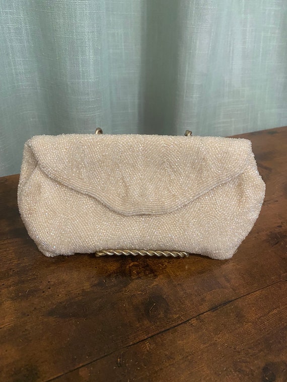 Vintage Champagne Colored Hand Beaded Purse Clutch