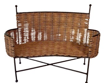 Vintage Small Woven Wicker and Metal Bench for Decor, Dolls, Plants