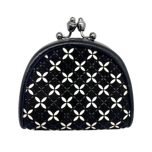 May include: A black coin purse with a white geometric pattern and a silver clasp.