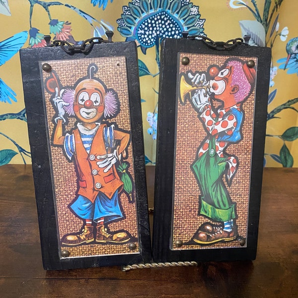 Vintage Street Clown Hanging Pictures Mid Century Wood Wall Plaque Set of Two (Spain)