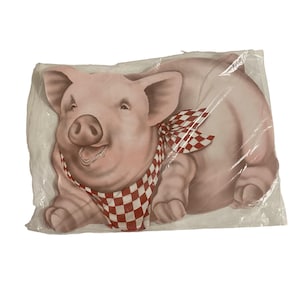 May include: A pink pig with a red and white checkered bandana is lying down. The pig is a cutout and is packaged in a plastic bag.